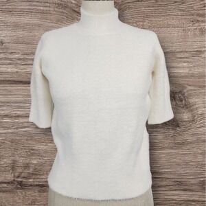 Bailey 44 Revolve Eyelash Sweater XS Cream Fuzzy Soft Mock Neck Short Sleeve Top
